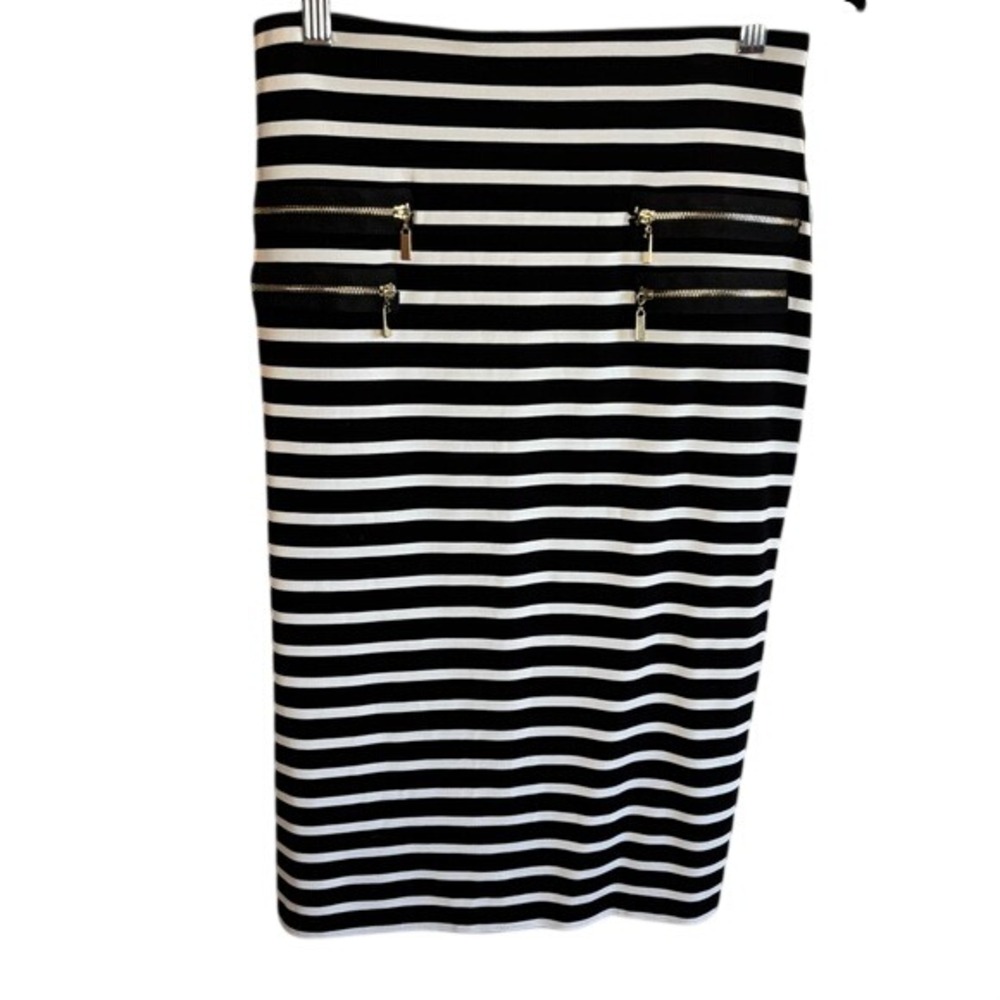Joseph Ribkoff Black and White Midi Pencil Skirt with gold zippers size 6